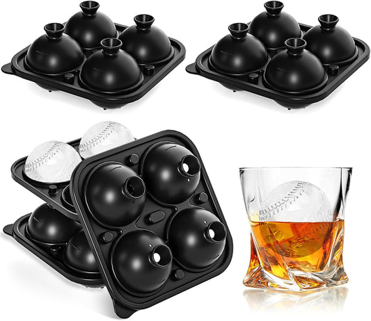 4 Pack Baseball Ice Cube Mold 2.2 Inch Large Silicone Round Ice Cube Molds Fun Shapes Craft Sphere Ice Molds Novelty Gifts Stuff for Men and Women Cocktails, Bourbon,Brandy, Whiskey(4, Baseball)