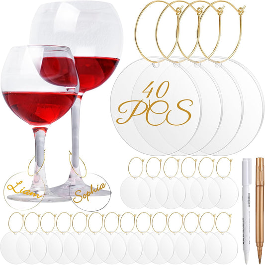 Tondiamo 40 Pcs DIY Wine Charms for Glasses Acrylic Wine Charms with Rings Tags Marker Pen Blank Glass Labels Bulk for Stem Cocktail Champagne Wedding Dinner Party Favor