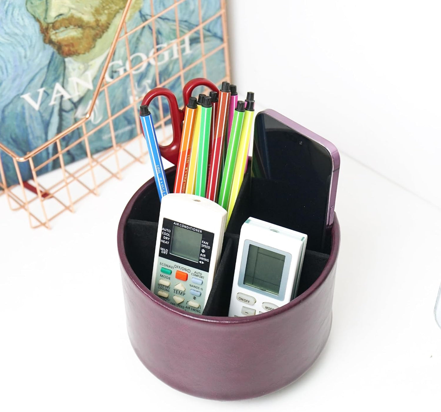 Hennaja Round Leather Art Supply Organizer,Remote Control Holder,360 Degree Spinning,Multi-Functional Pencil Holder,4 Compartments Desktop Stationary Organizer(1-Oil Brown)