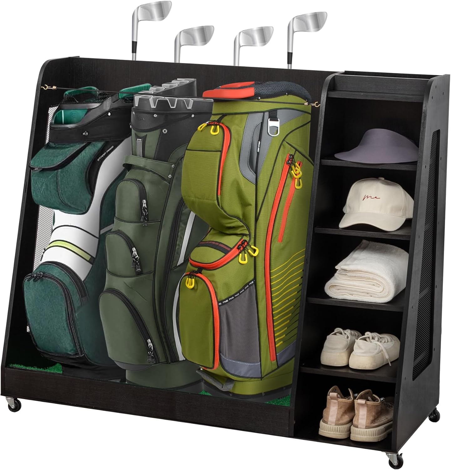 Golf Bag Organizer Storage Rack Stand Holder Fits 2 Extra Large Golf Club Bags and Multiple Golfing Equipment Accessories for Garage Home Simulator and Office