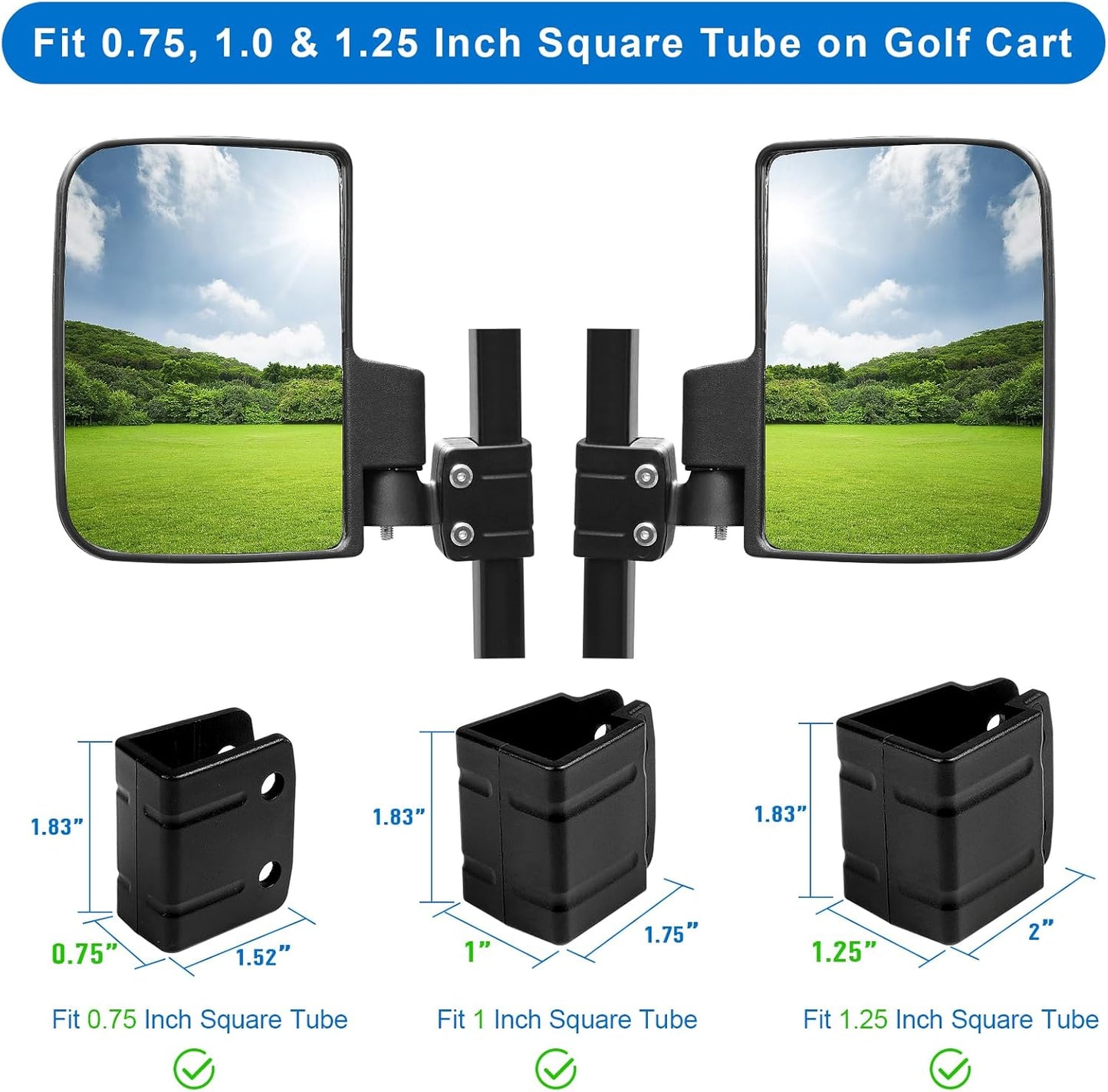 Golf Cart Side Mirrors, No Drilling for EZGO Club Car Yamaha Golf Cart and Others, Fit 3/4, 1.0 and 1 1/4-inch Square Strut, Folding Side Rear View Mirrors Adjustable 180 Degree HD Glass