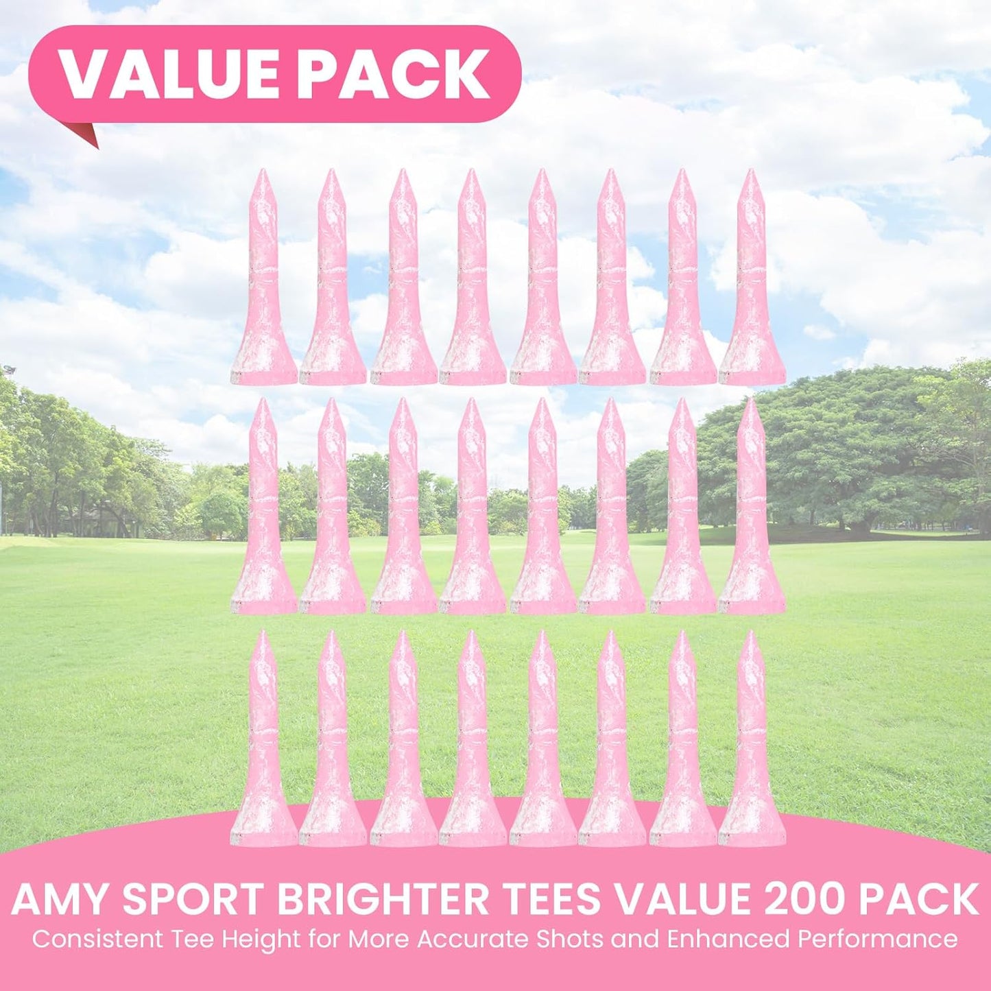 Amy Sport Golf Tees Styllish Bamboo Wooden Coloured Painted Bulk 200 Pack 1 1/2 3 1/4 2 3/4 Inch Tee, Enhanced Visibility Color Purple Pink Green Blue, Practice for Men Women