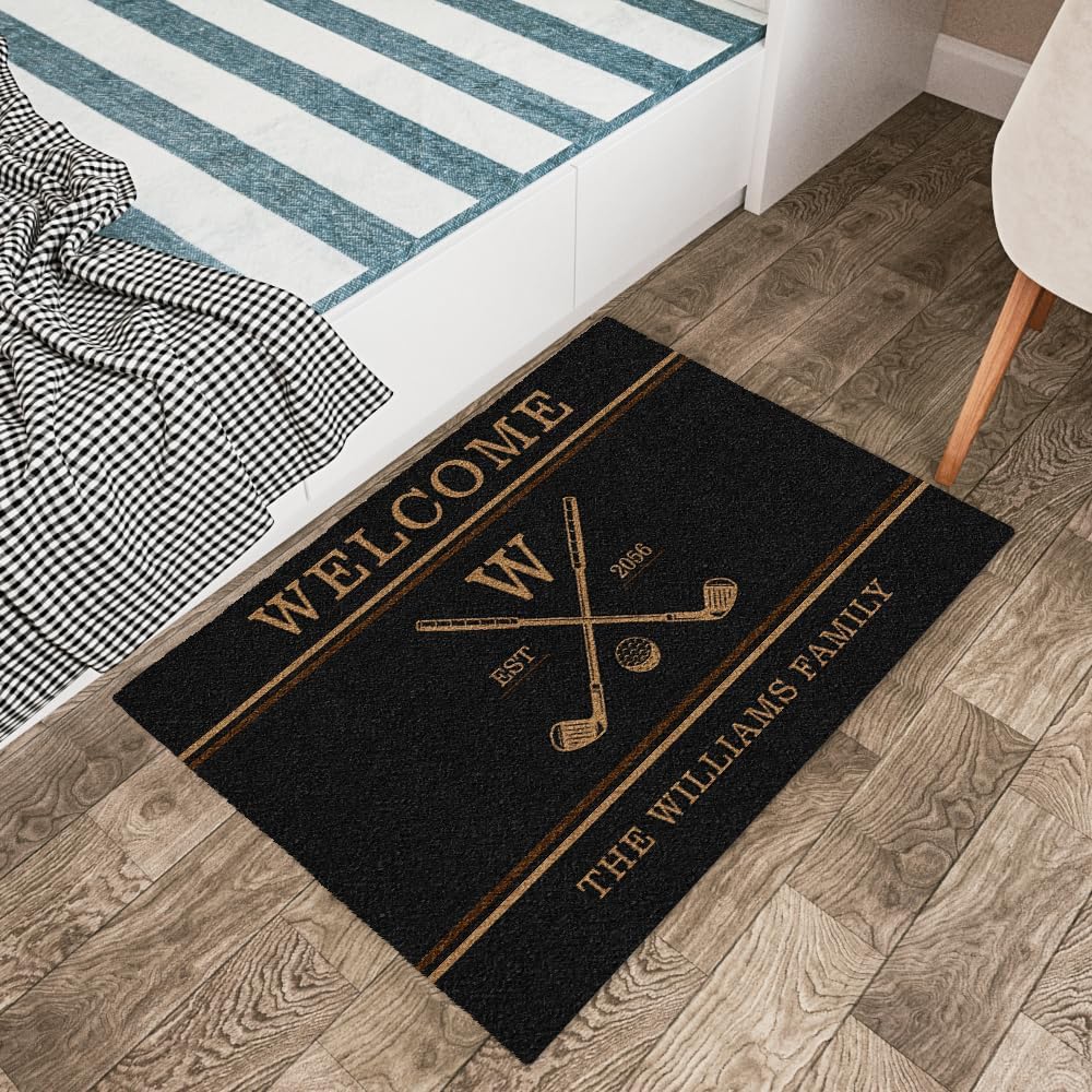 Personalized Golf Doormat – Personalized Welcome Mat with Family Name Year – Non Slip Outdoor Entry Rug for Porch, Garage, or Golf Lover Home Decor, for Men (Golf Doormat 04)
