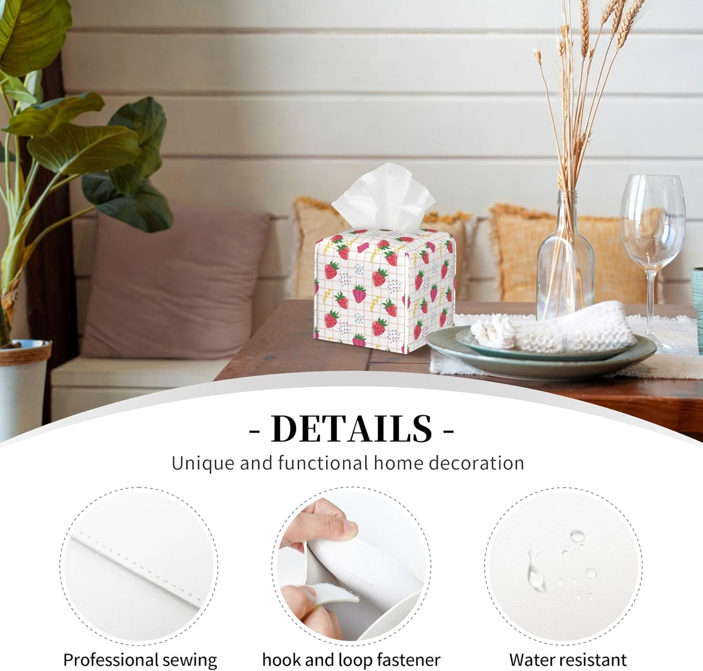 Cute Pink Strawberries Tissue Box Cover Square,Cartoon Strawberry Fruits Tissue Box Holder Waterproof Leather Facial Paper Organizer Dispenser for Bathroom Home Car Nightstand Vanity Desk