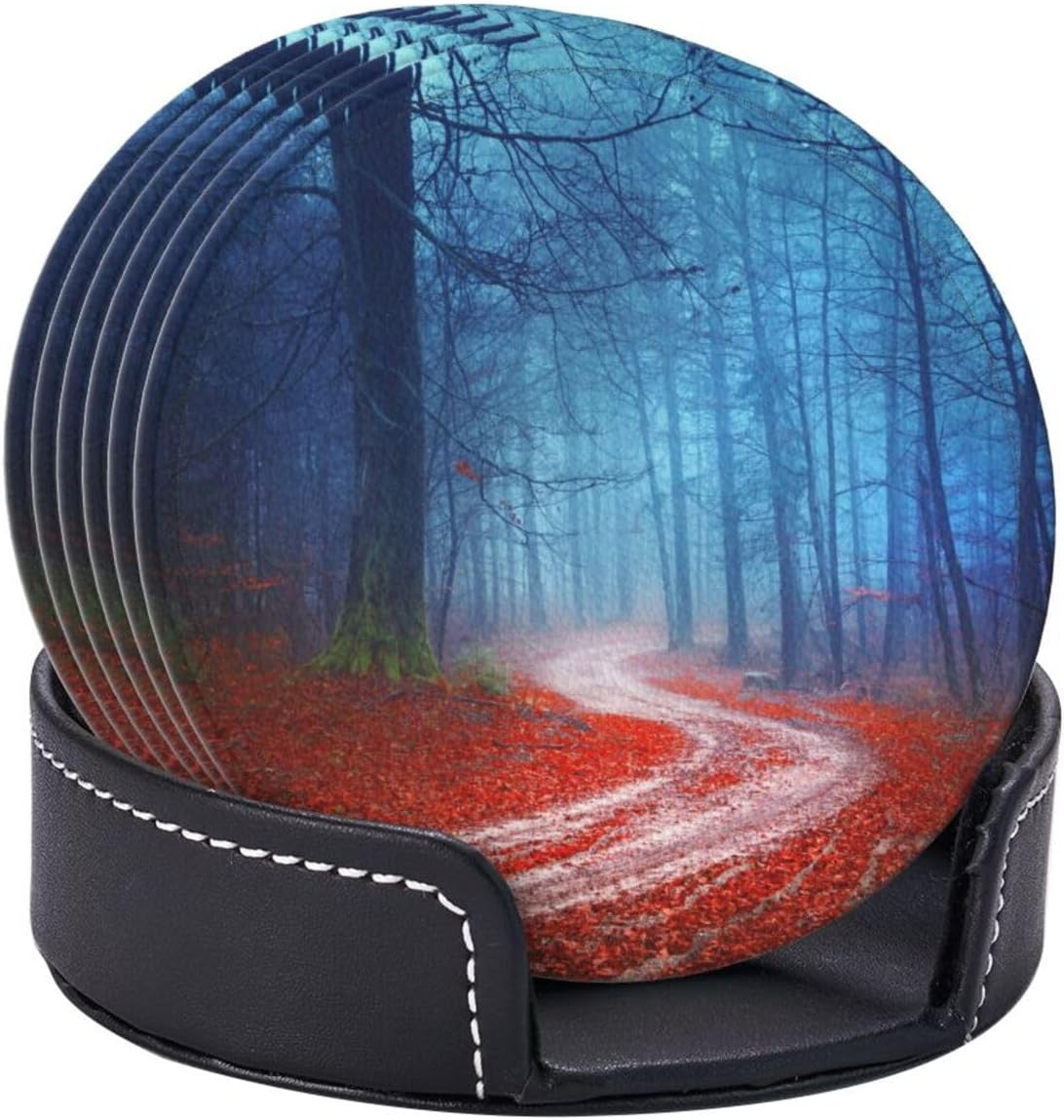 Autumn Forest Misty Road Landscape Coasters for Drinks Round Leather Coaster with Holder Set of 6 for Tabletop Protection Desk Accessories Office Home Room Decor