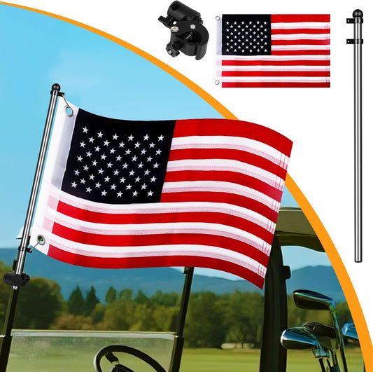 Golf Cart Flag Holder, 360° Rotatable & Height Adjustable, Universal Flag Pole for Yamaha EZGO Club Car Yamaha,Pole Bracket with 0.59"-1.25" Round Square Rails,1.9Ft USA Flag 1Pcs 2pcs