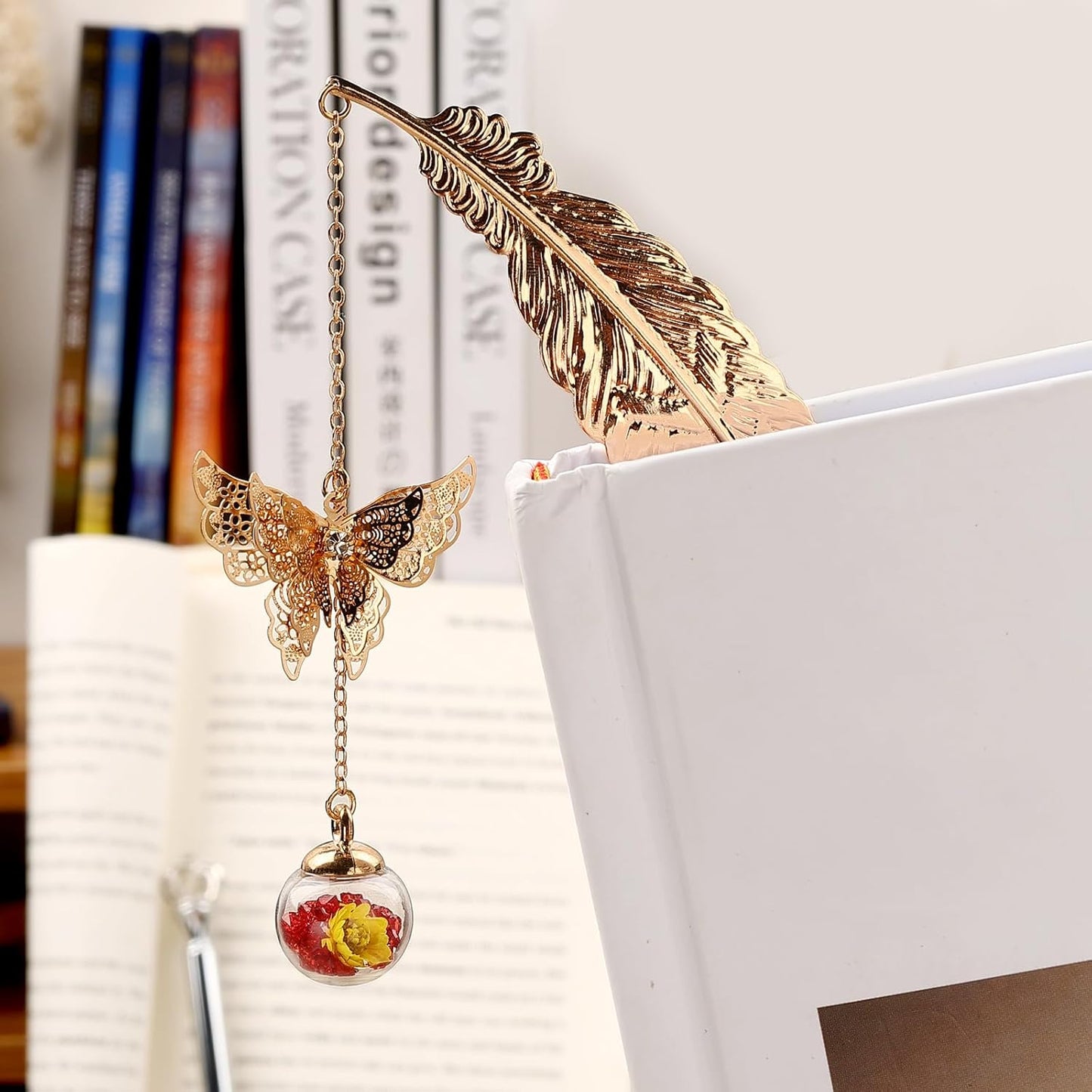 Metal Feather Bookmark with Butterfly Charm – Christmas Gifts for Women, Teachers & Book Lovers – Stocking Stuffers, Secret Santa, Birthday & Holiday Gift Box