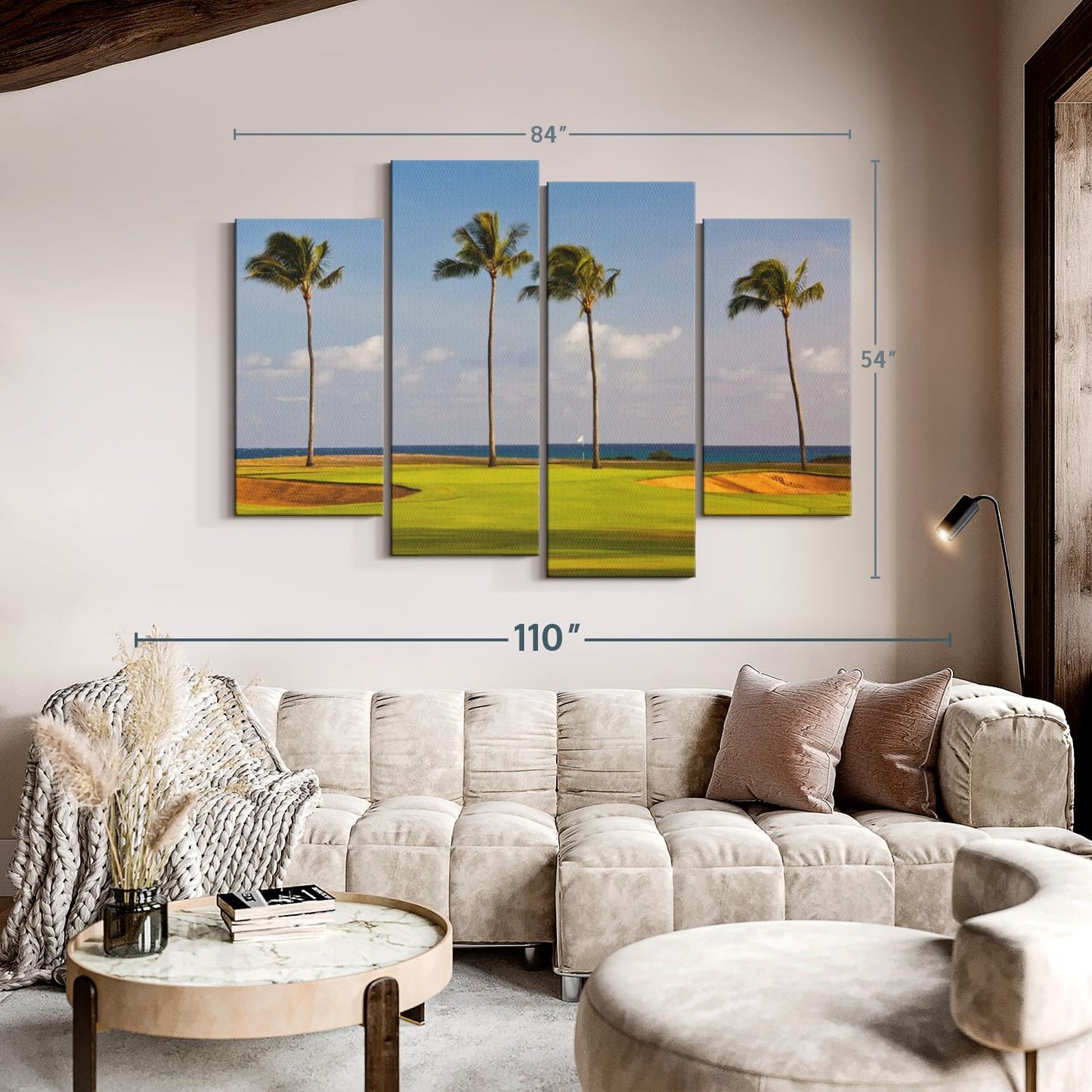Elephant Stock Hawaiian Golf Course Wall Art - Horizontal Canvas - 4-Piece Living Room Wall Decor - Photography Sports Canvas Print - Green and Yellow Decor for Wall - 84" X 54"