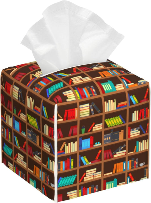 Books in Bookcase Tissue Box Cover Square, Library Shelves Tissue Box Holder Leather Facial Paper Case Decorative Organizer Holder Dispenser Home Office Car Decor