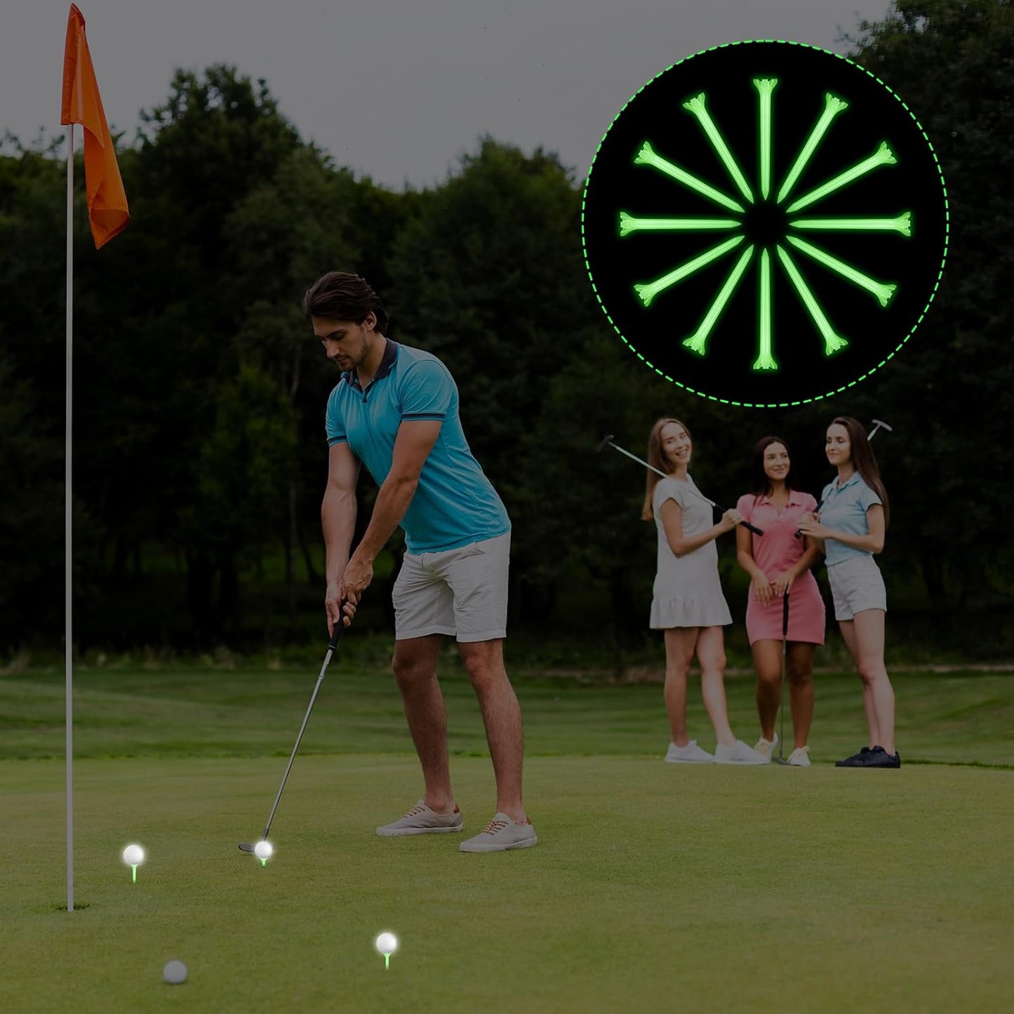 12 Pcs Glow in The Dark Golf Tees, Fluorescent Green Light Up Golf-Tees, Professional Plastic Golf-Tee for Night, Indoor Outdoor Training, Reduce Side Spin Friction