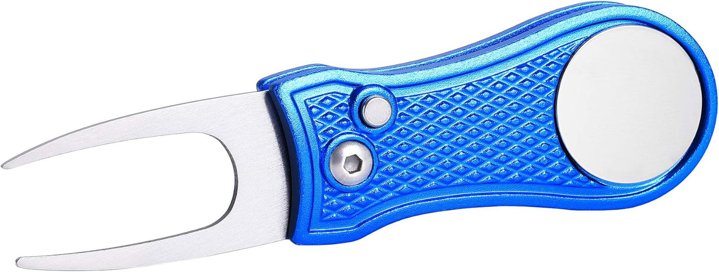 Mile High Life Golf Divot Repair Tool, All Metal Foldable Divot Tool with Pop-up Button & Magnetic Ball Marker