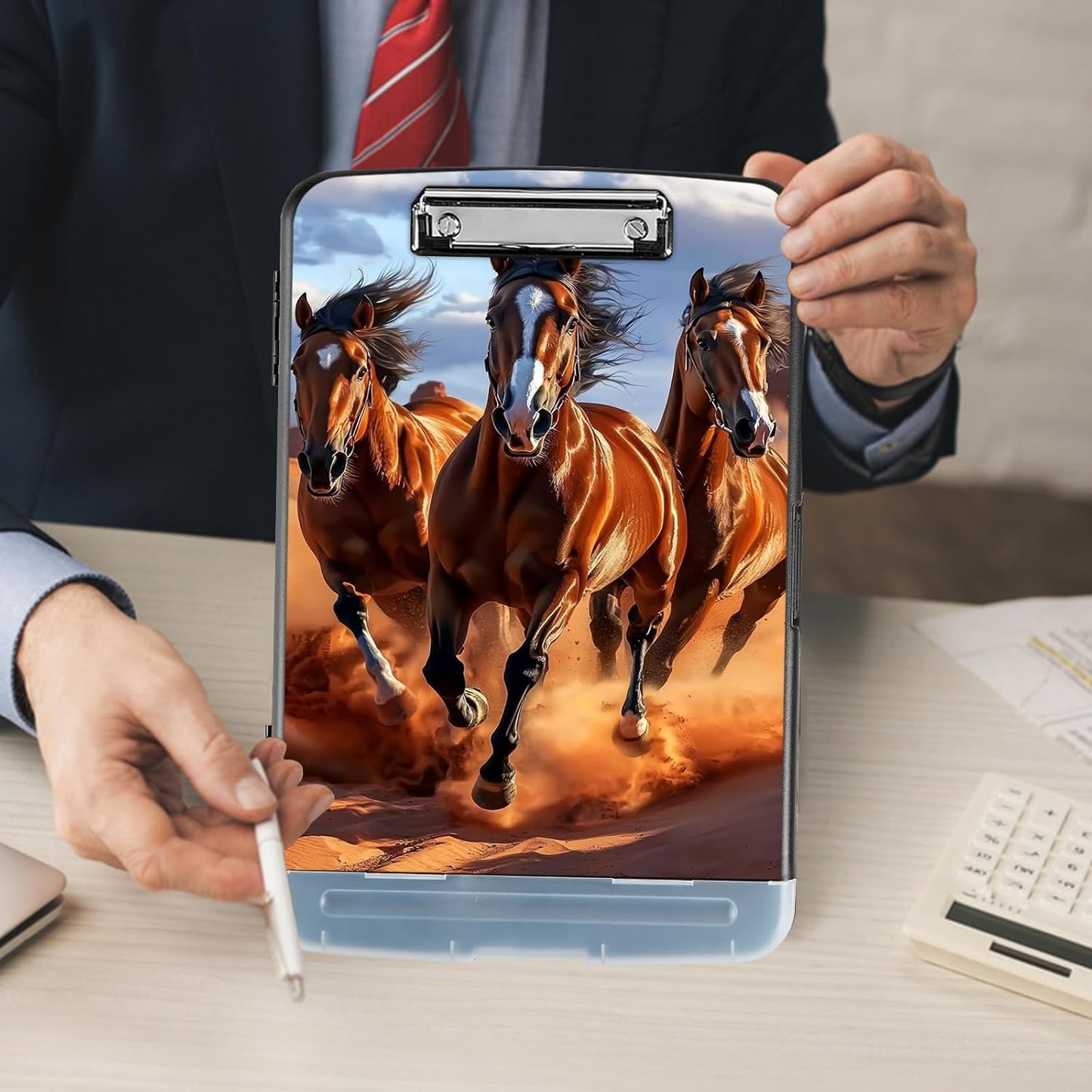 Clipboard with Storage - Large Capacity,Nursing Clipboard with Pen Holder,Heavy Duty,Plastic Side-Opening Folder for Teacher,Nurse - Brown Running Horses