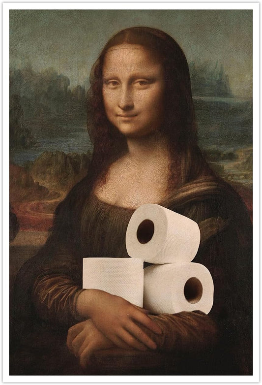 Funny Bathroom Wall Art Classical Oil Painting Mona Lisa and Toilet Paper Poster Amusing Prank Canvas Prints Vintage Humor Wall Decor for Restroom 12x16in Unframed