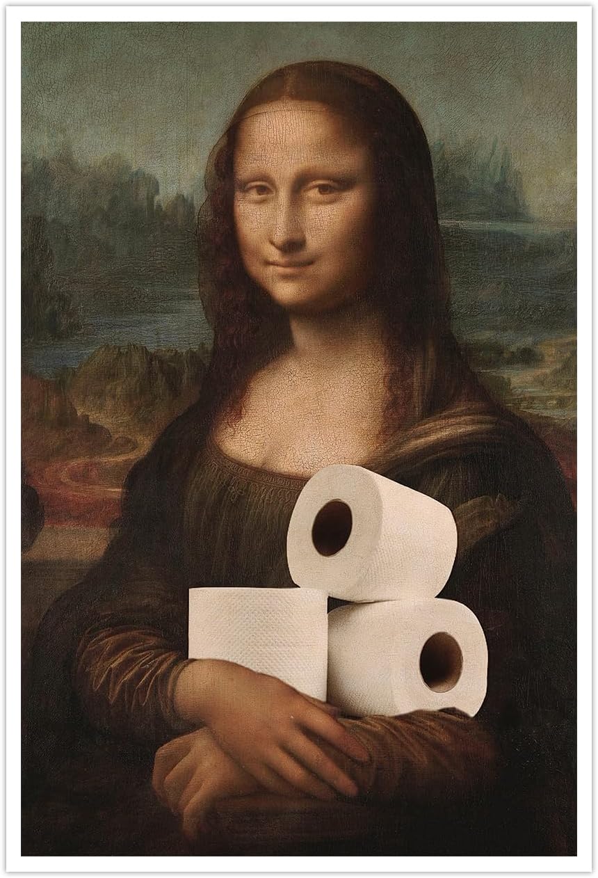 Funny Bathroom Wall Art Classical Oil Painting Mona Lisa and Toilet Paper Poster Amusing Prank Canvas Prints Vintage Humor Wall Decor for Restroom 24x36in Unframed