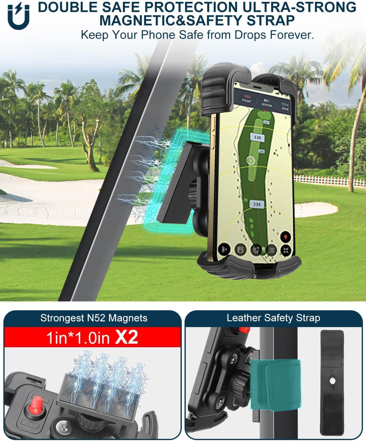 Magnetic Golf Cart Phone Holder Mount with Vibration Dampener & Ultra-Strength Neodymium N52 Magnets for EZGO/Club Car/Yamaha/ICON, Golf Cart Phone Caddy for iPhone/Galaxy/Google Pixel