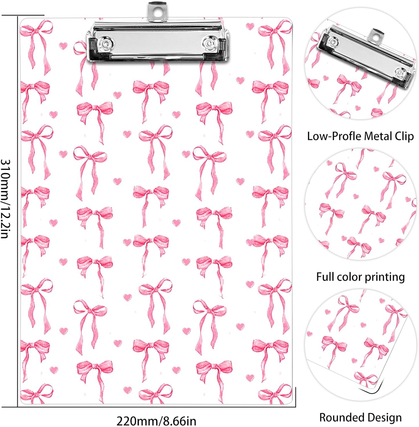 Plastic A4 Clipboards, Cute Fashion Clipboard Decorative, 12.2" x 8.7" Standard A4 Size Clipboards, Plastic Acrylic Clipboard for Teacher, Social Worker, Students,Women, Office Supplies(Butterfly Bow)