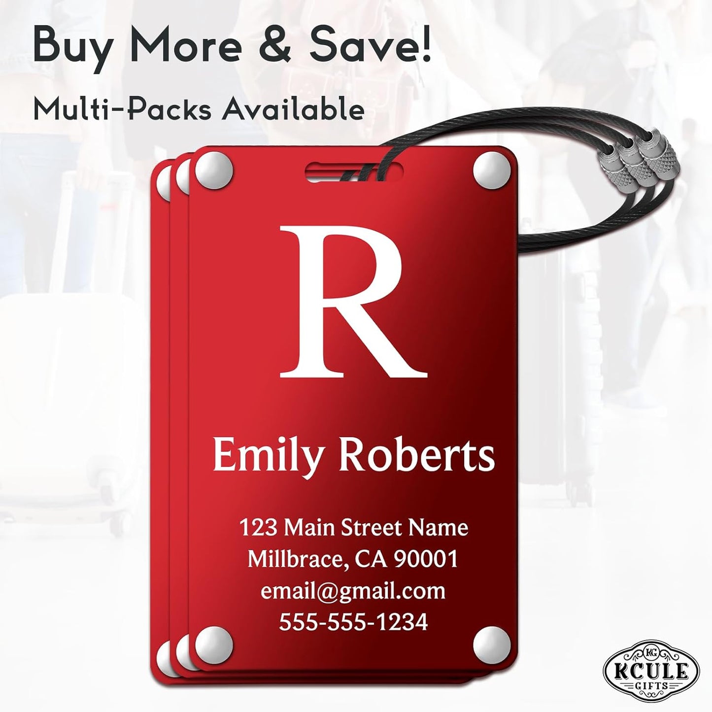 Personalized Luggage Tags: Custom Metal Luggage Tags for Suitcases, Backpacks and Bags with Your Personalized Text (Red)