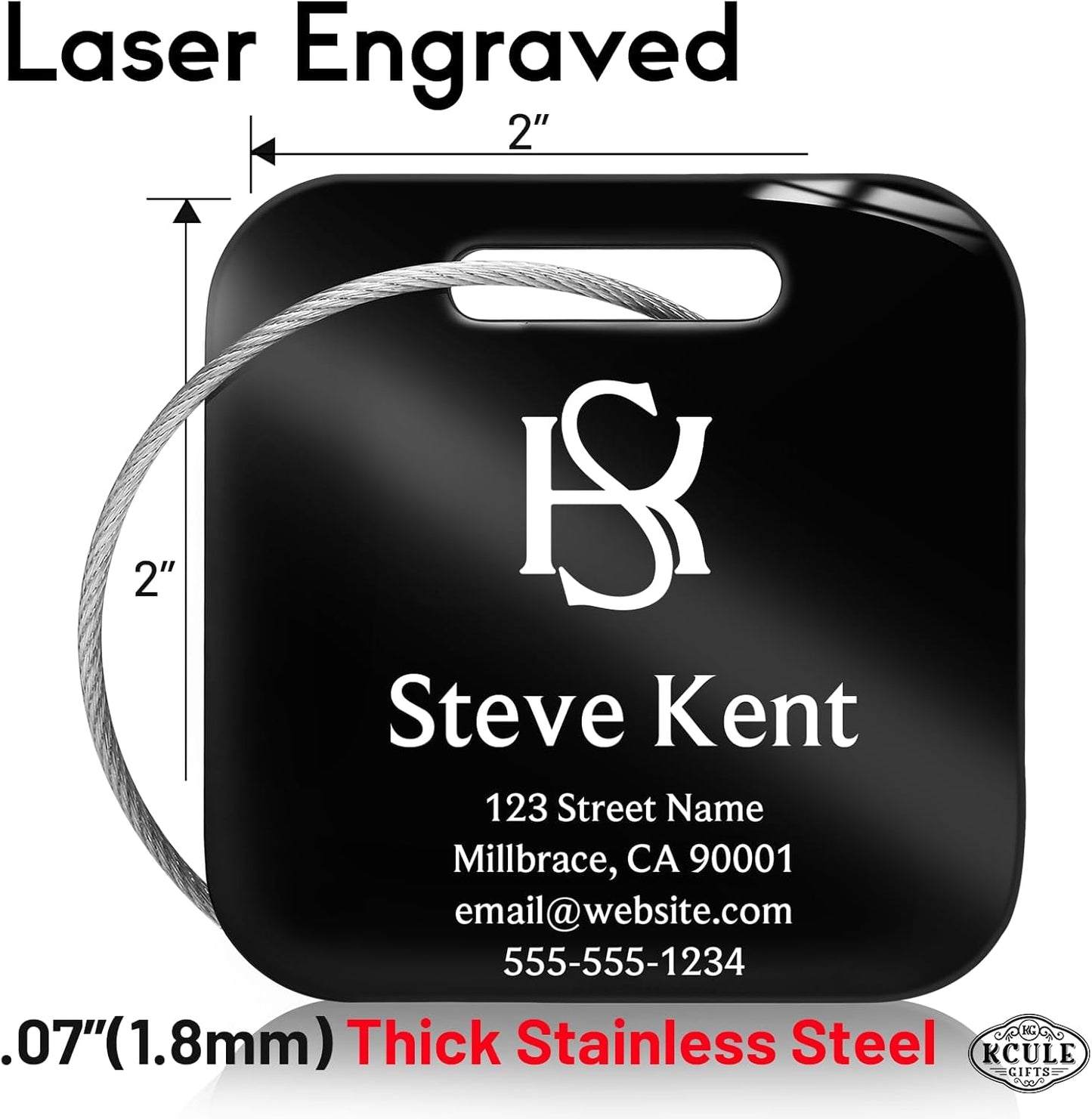 Personalized Luggage Tags for Suitcases - Stainless Steel Custom Luggage Tags for Backpacks & Bags, Sturdy, Waterproof & Heavy Duty (Black/Square)
