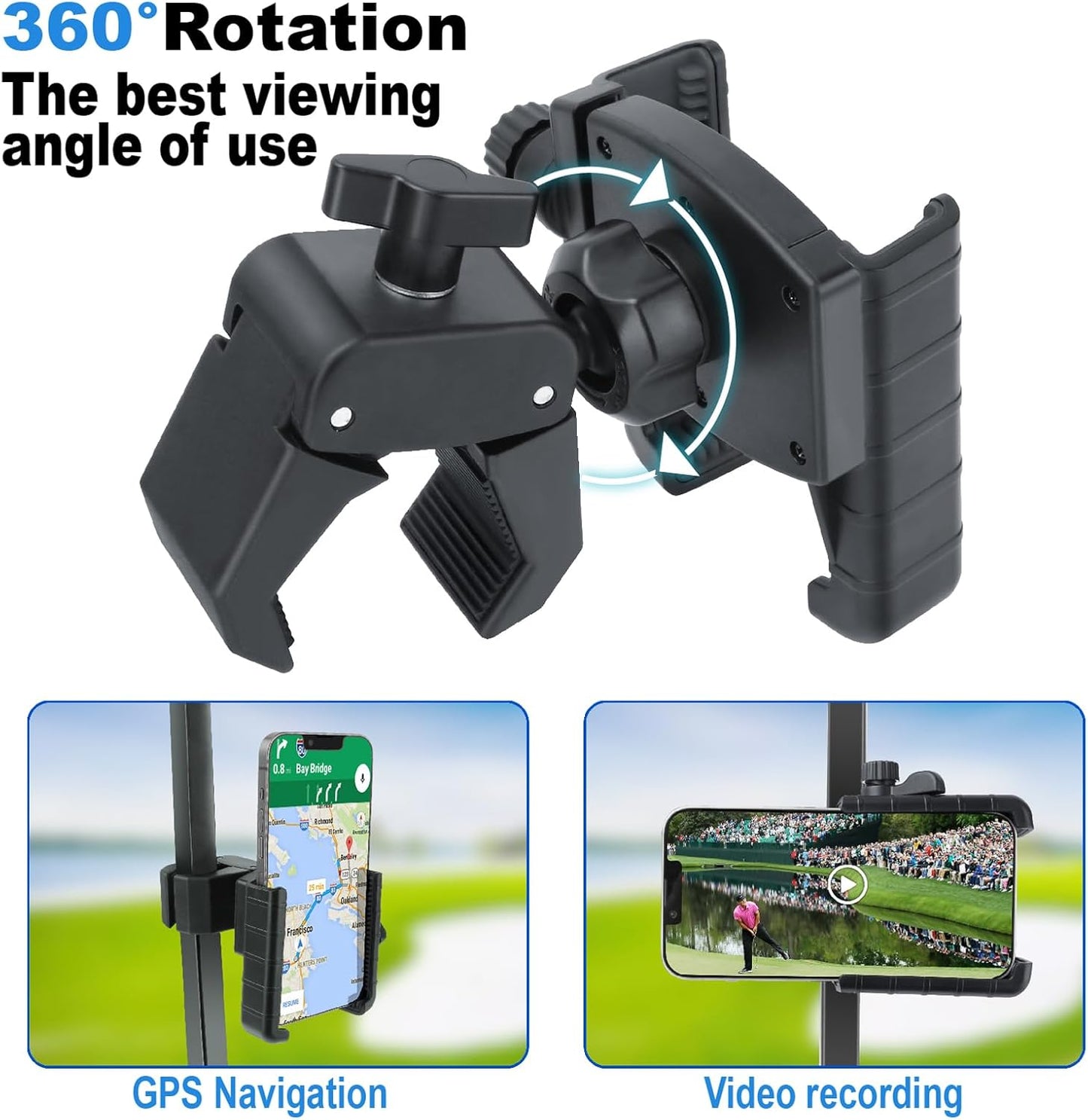 Golf Cart Phone Holder, Cell Phone Holder Mount Compatible with EZGO/Club Car/Yamaha, Universal Compatible with iPhone Galaxy Google Pixel, Golf Cart Accessories Fit for Smart Phones, Black