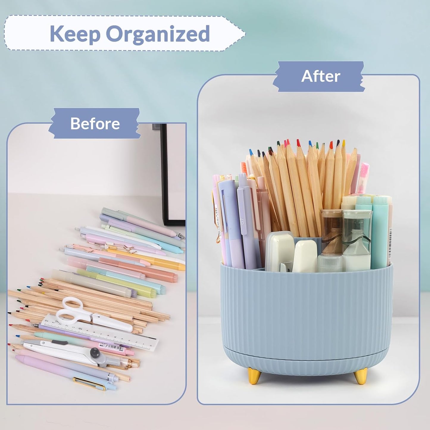 SKYDUE 360 Degree Rotating Desk Organizer, Dual-Purpose Pencil Pen Holder, Rotating Desk Pen Organizer with 5 Slots, Pencil Cup for Office, School, Home (Airy Blue)