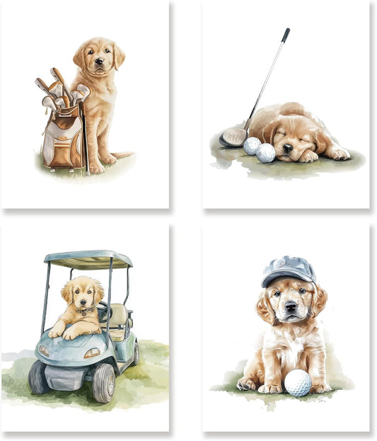 KSDUT Dog Golf Wall Art Decor Set of 4 - Golden Retriever Golfing Artwork Poster Rustic Kids Room Golf Wall Decor for Nursery Bedroom Home Gallery Decorations - 8"x10" Unframed