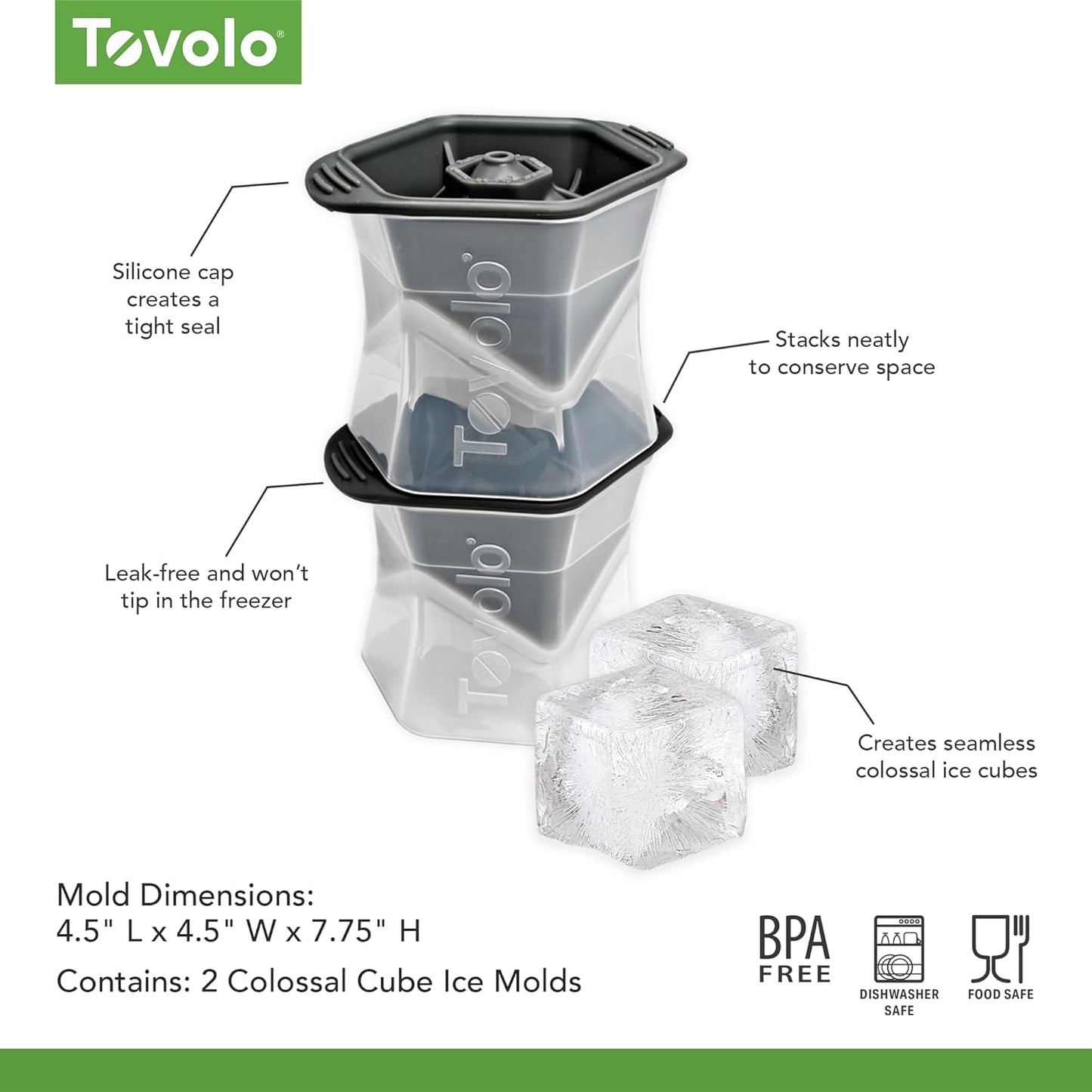 Tovolo Colossal Cube Ice Molds, Set of 2 - Large Ice Cube Mold Ideal for Whiskey, Cocktails & Any Cold Beverage - Odor-Free Freezer Storage, Dishwasher-Safe with Silicone Plunger