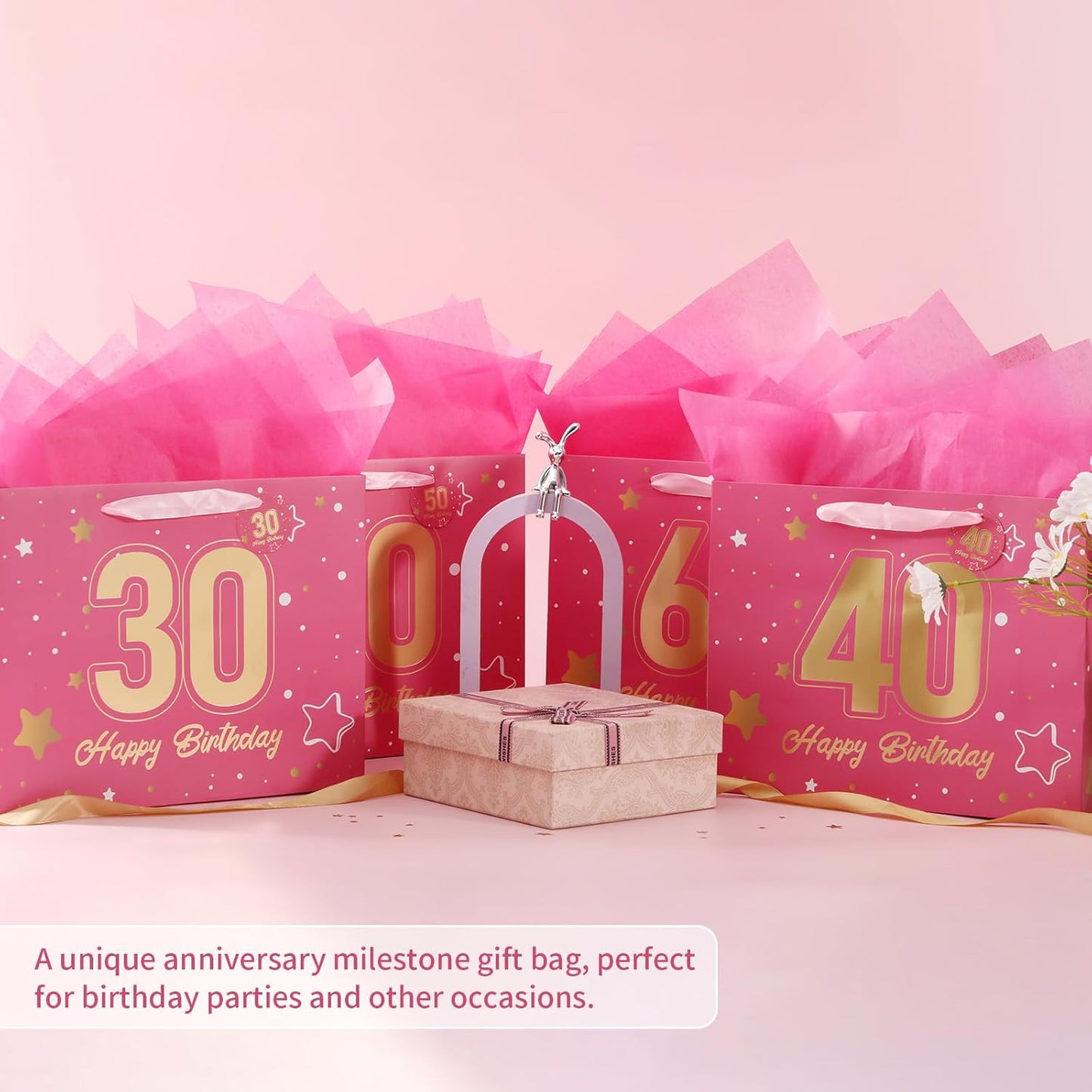 Powbrace 13" Pink Happy Birthday Gift Bag with Tissue Paper and Greeting Card for Party,Happy Birthday Gift Bag for Men Women,Gift Bags Medium size(1 Pink 50th)
