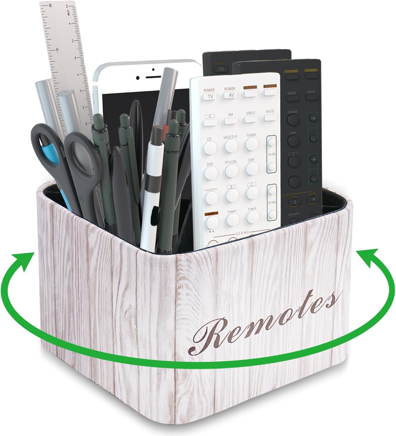 Hennaja Square Leather Art Supply Organizer,Remote Control Holder with Removable Dividers,360°Rotatable Pencil Holders,4 Compartments Organizer for Office Supplies Storage Box(1-Light Grey)