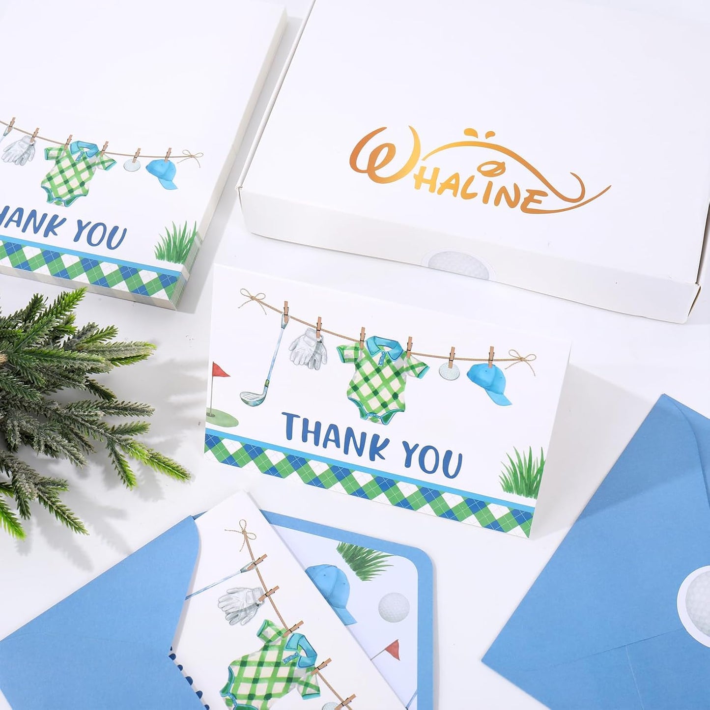Whaline 50 Pack Golf Baby Shower Thank You Cards Greeting Card with Envelopes Stickers Blue Green Golf Ball Club Glove Hat Cloth Blank Note Card for Birthday Sport Party, 4 x 6 Inch