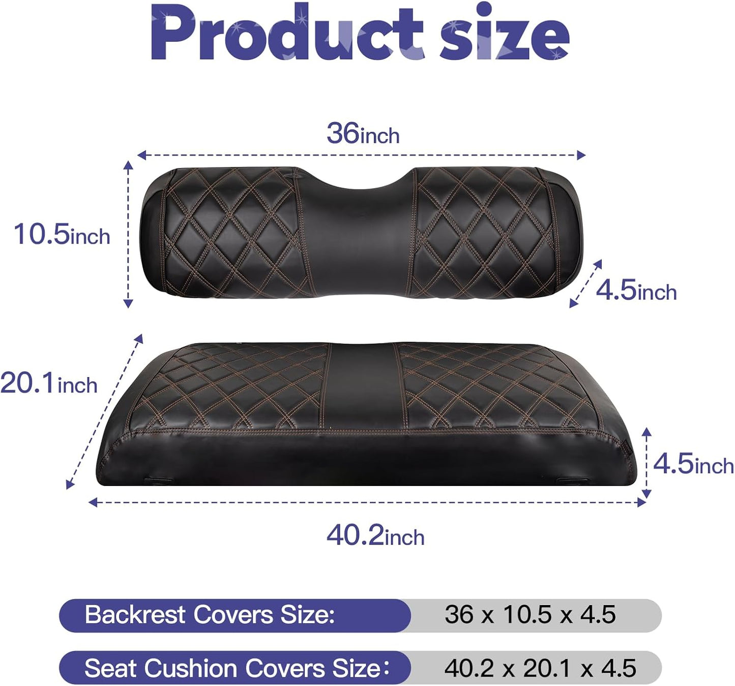 NOKINS Golf Cart Diamond Seat Covers Kit, Fit for EZGO TXT 1994-2013/EZGO RXV OEM Standard Front Seat Cushion, Golf Cart Vinyl Seat Cover, No Nails Required (Black and Brown Stitching)