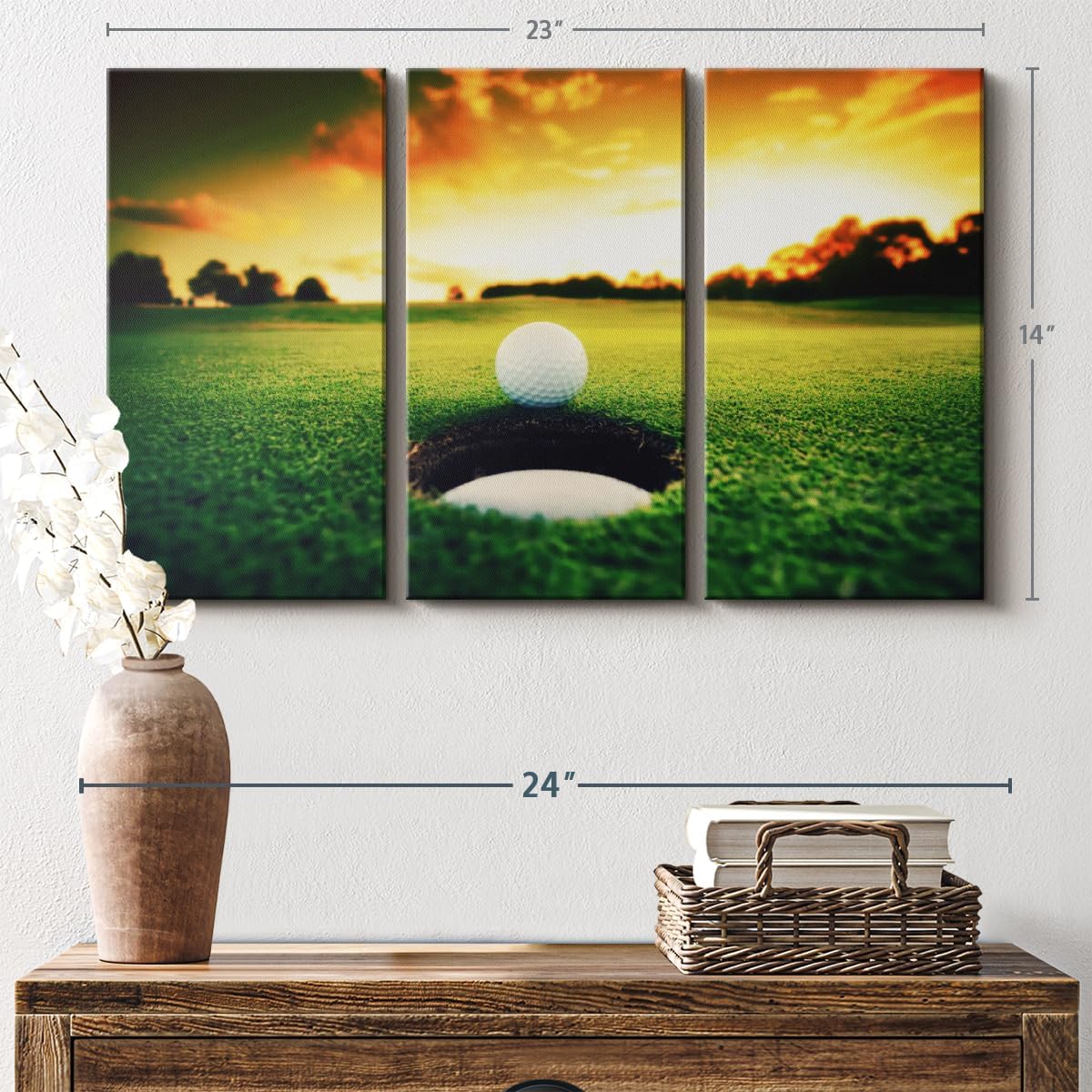 ElephantStock Golf Ball Wall Art - Horizontal Canvas - 3-Piece Living Room Wall Decor - Photography Sports Canvas Print - Orange and Yellow Decor for Wall - 23" X 14"