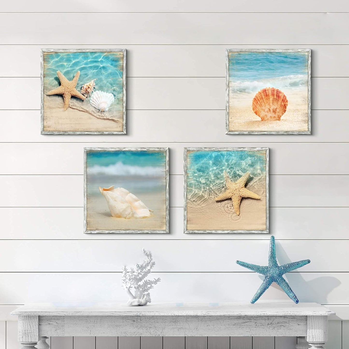 Ocean Pictures Framed Wall Art: Beach Artwork Set of 4 Seashell & Starfish Pictures Prints on Wood Seascape Wall Decor for Living Room