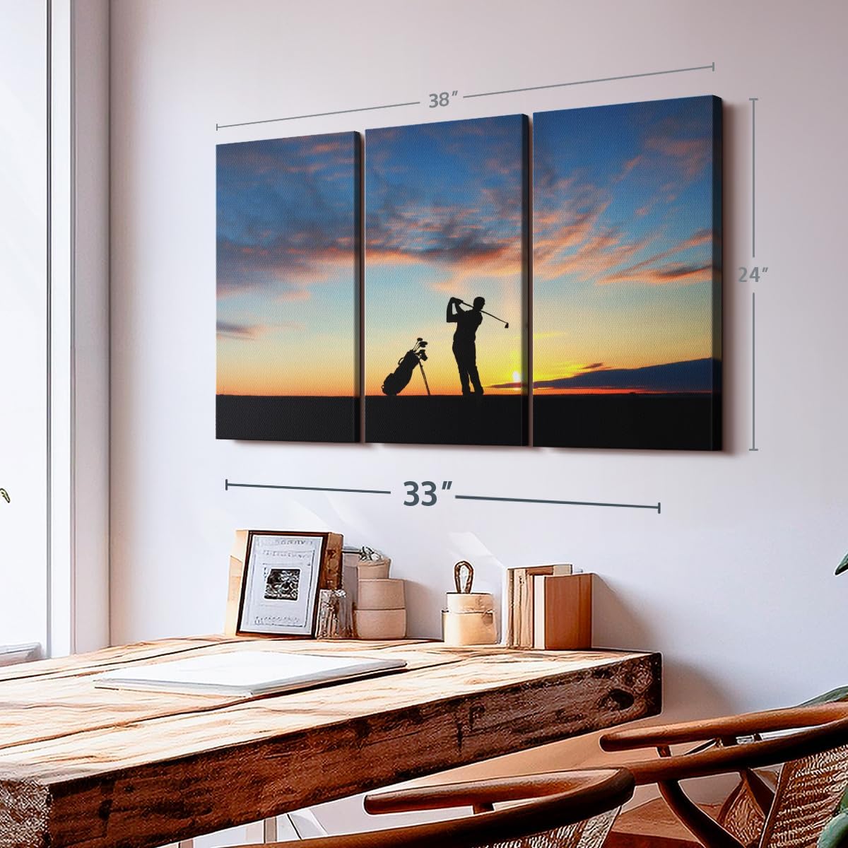 ElephantStock Golfing At Sunset Wall Art - Horizontal Canvas - 3-Piece Living Room Wall Decor - Golf Photography Canvas Print - Black and Orange Decor for Wall - 38" X 24"