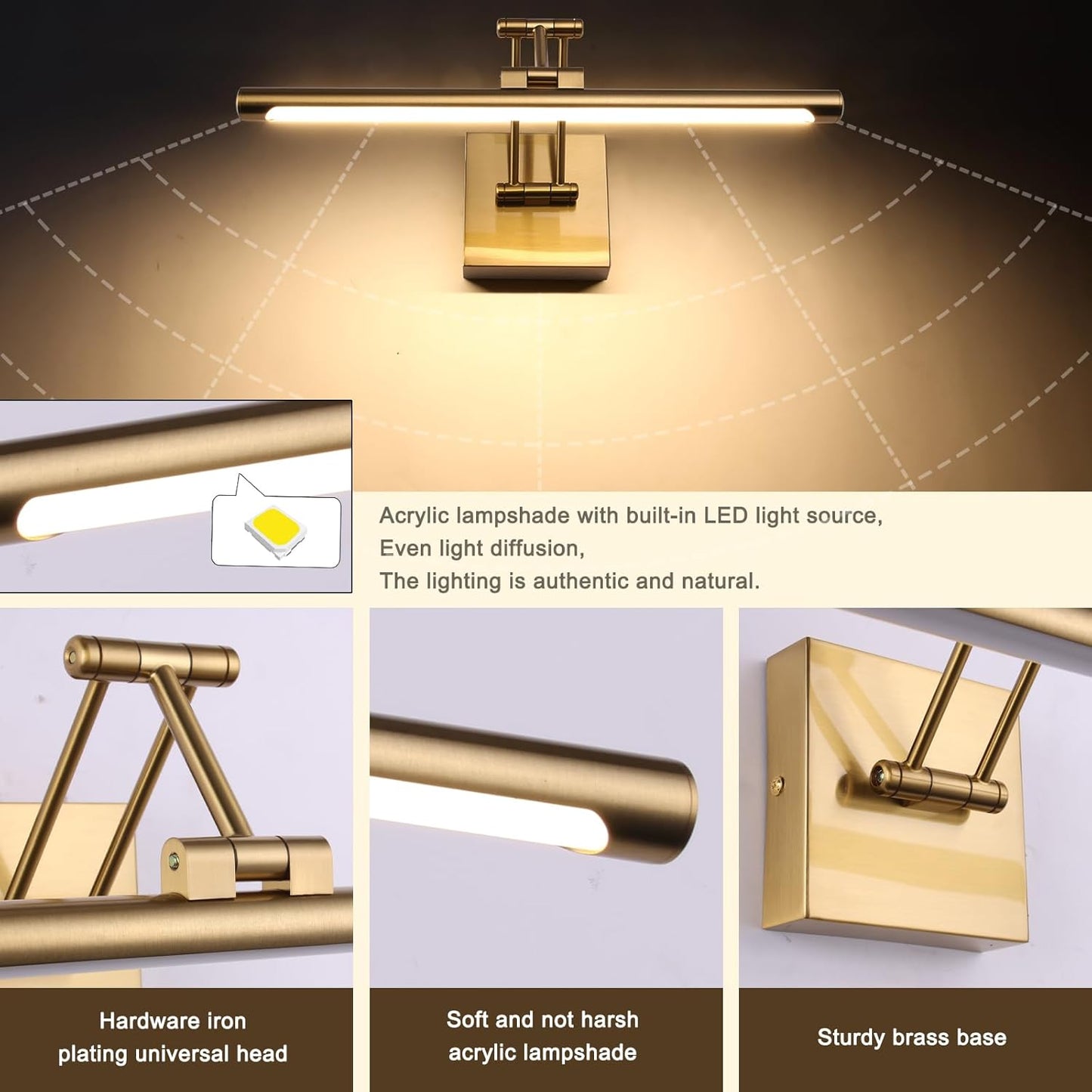 Hard-Wired Picture Light Dimmable LED Picture Lights for Paintings 15.7 Inch Brass Metal Body Wall Pictures with Adjustable Gold Swing Arm Art Display Lamps 7W 3000K Warm White Book Light