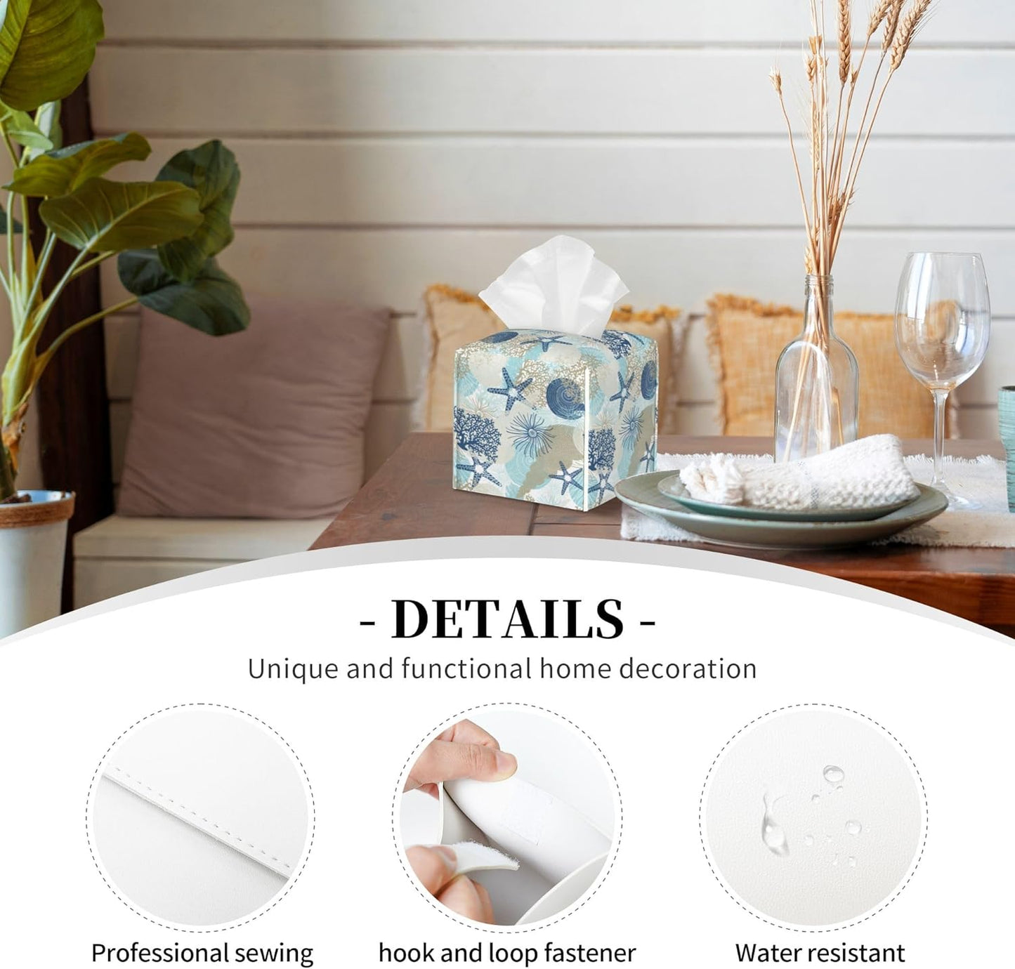 Tissue Box Holder Corals and Seashells Tissue Box Cover Square Leather Tissue Holder Organizer Portable Decorative Facial Paper Case for Home Office Bathroom Vanity Countertop