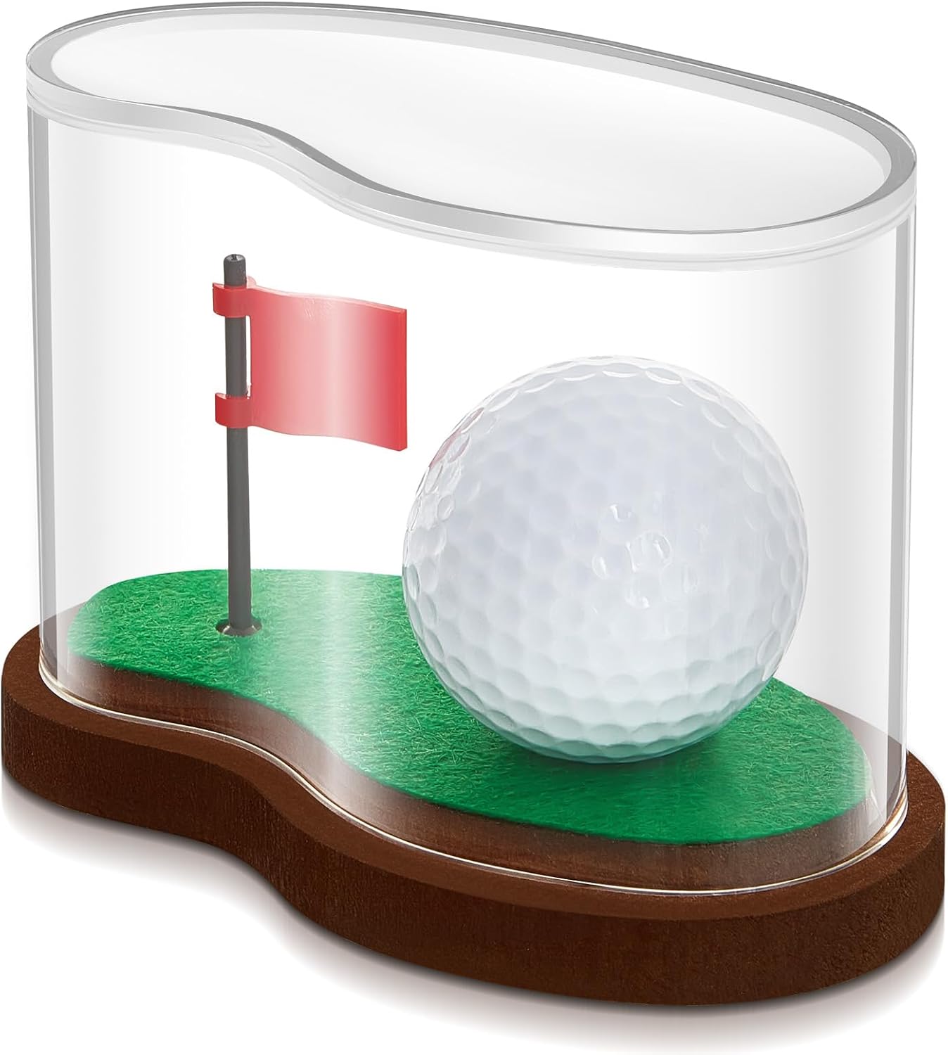 Soaoo 3.94 x 2.95 x 3.43'' Golf Ball Display Case Acrylic Golf Ball Transparent Holder Display Stand Clear Memorabilia Storage Box with Flag and Wood Base for Single Golfball Enthusiasts Gift