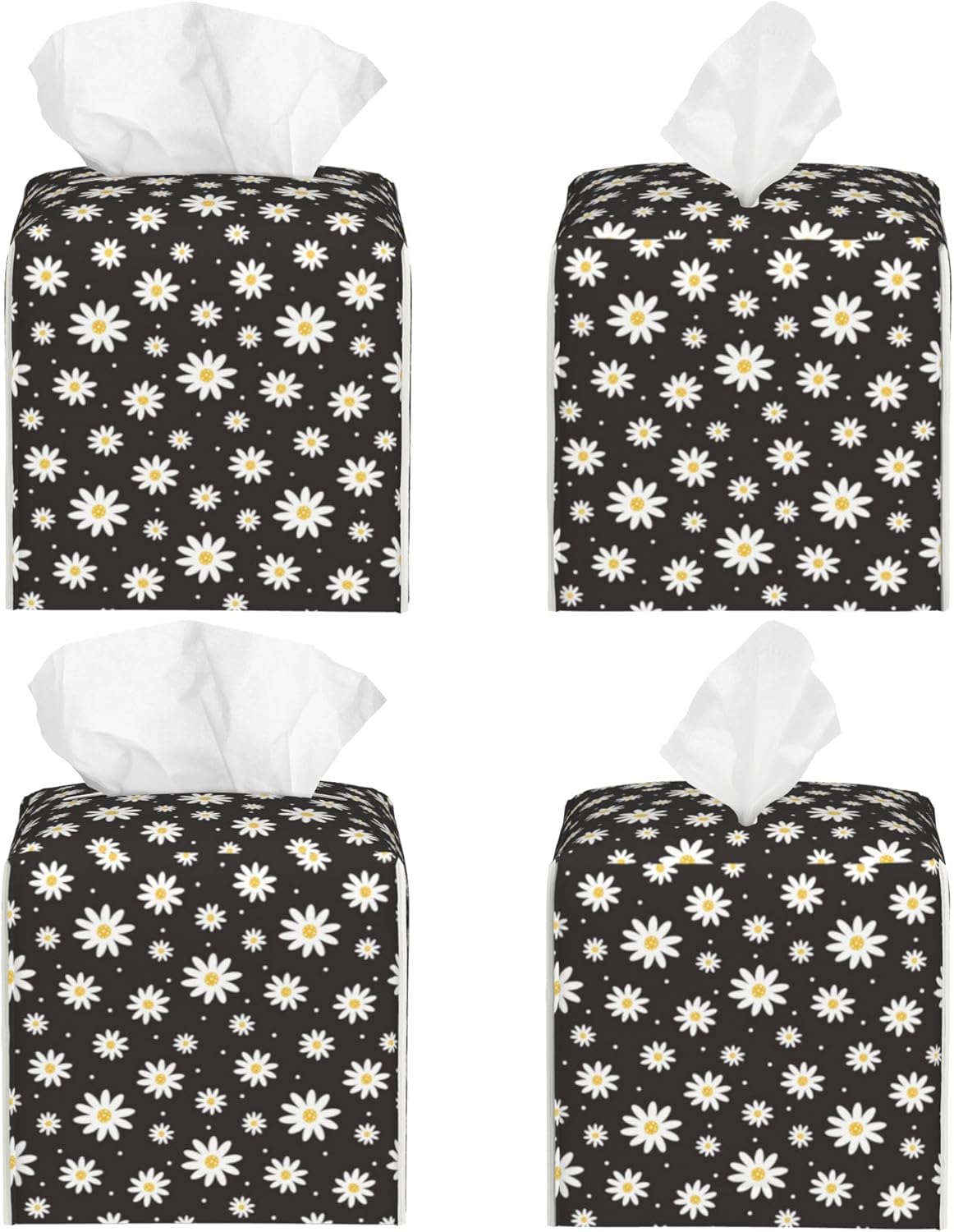 White Daisy Flowers Tissue Box Cover Square,Vintage Groovy Daisies Tissue Box Holder Waterproof Leather Facial Paper Organizer Dispenser for Bathroom Home Car Nightstand Vanity Desk