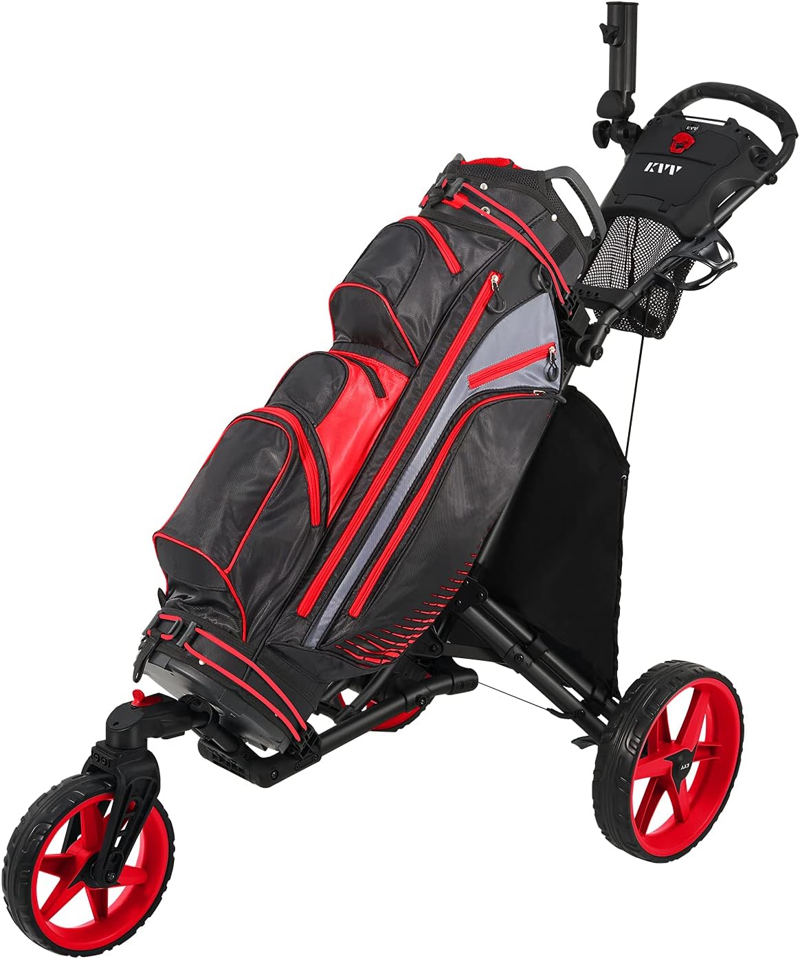 KVV 3 Wheel 360 Rotating Front Wheel Golf Push Cart Open and Close in ONE Second-Free Umbrella Holder Included