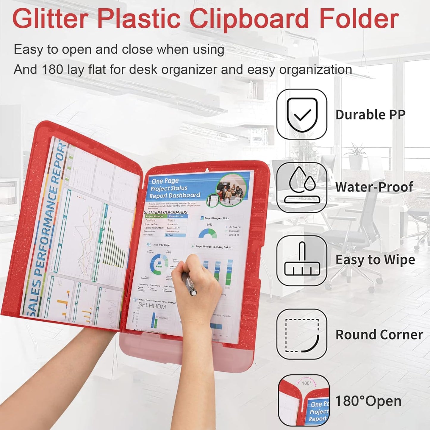Glitter Clipboard with Storage,Storage Clipboard with Pen Holder,A4 Binder Clip Boards 8.5x11 with Low Profile Clip,Side Opening Sparkle Clipboards, Clipboards Folder for Office Supplies-Red