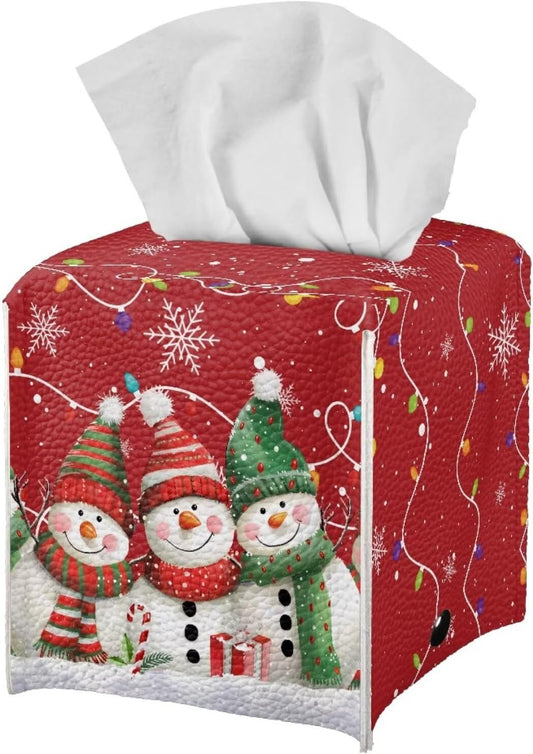 Christmas Tissue Box Cover Square Snowman Decorative Tissue Box Cover Holder Waterproof Soft PU Leather Tissue Holder Case Dispenser for Bathroom Cute Home Decor Easy to Carry 5x5x5 Inch