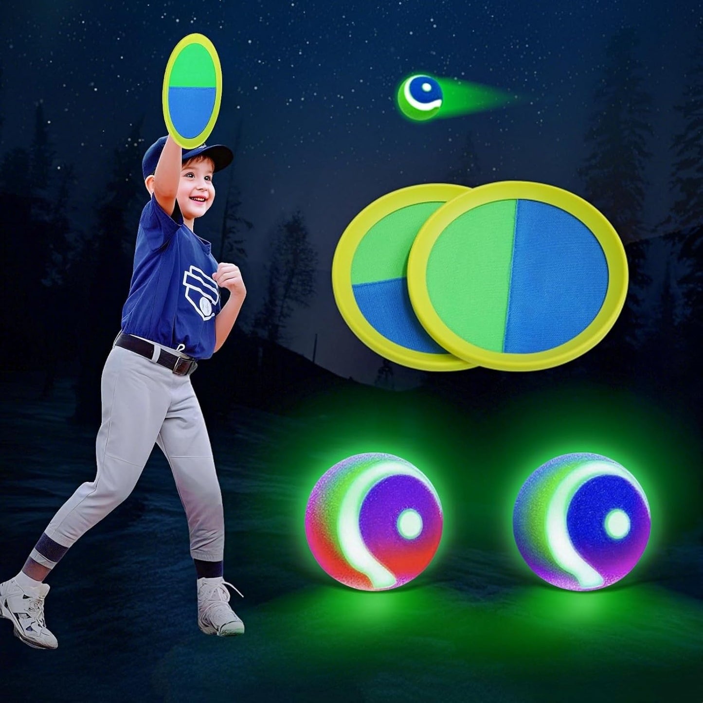 LED Toss and Catch Ball Set, Glow-in-The-Dark & Daytime Play with Rechargeable Multi-Color Flashing Light-Up Balls, Indoor & Outdoor Toy for Kids, Toddlers & Adults Fun, 2 Paddles & 2 Balls