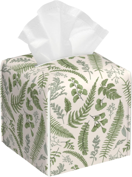Tissue Box Holder Leaves and Herbs Tissue Box Cover Square Leather Tissue Holder Organizer Portable Decorative Facial Paper Case for Home Office Bathroom Vanity Countertop