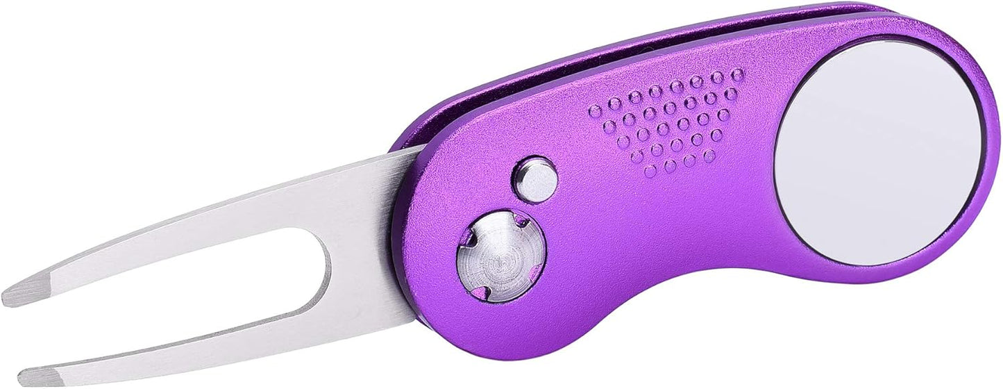 Mile High Life Golf Divot Repair Tool, All Metal Foldable Divot Tool with Pop-up Button & Magnetic Ball Marker