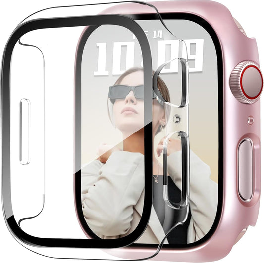 JR.DM 45mm 2 Pack Hard PC Case with HD Tempered Glass Screen Protector for Apple Watch Series 9/8/7, Slim Guard Bumper Full Coverage Protective Anti-Scratch Face Cover for iWatch, Pink/Clear