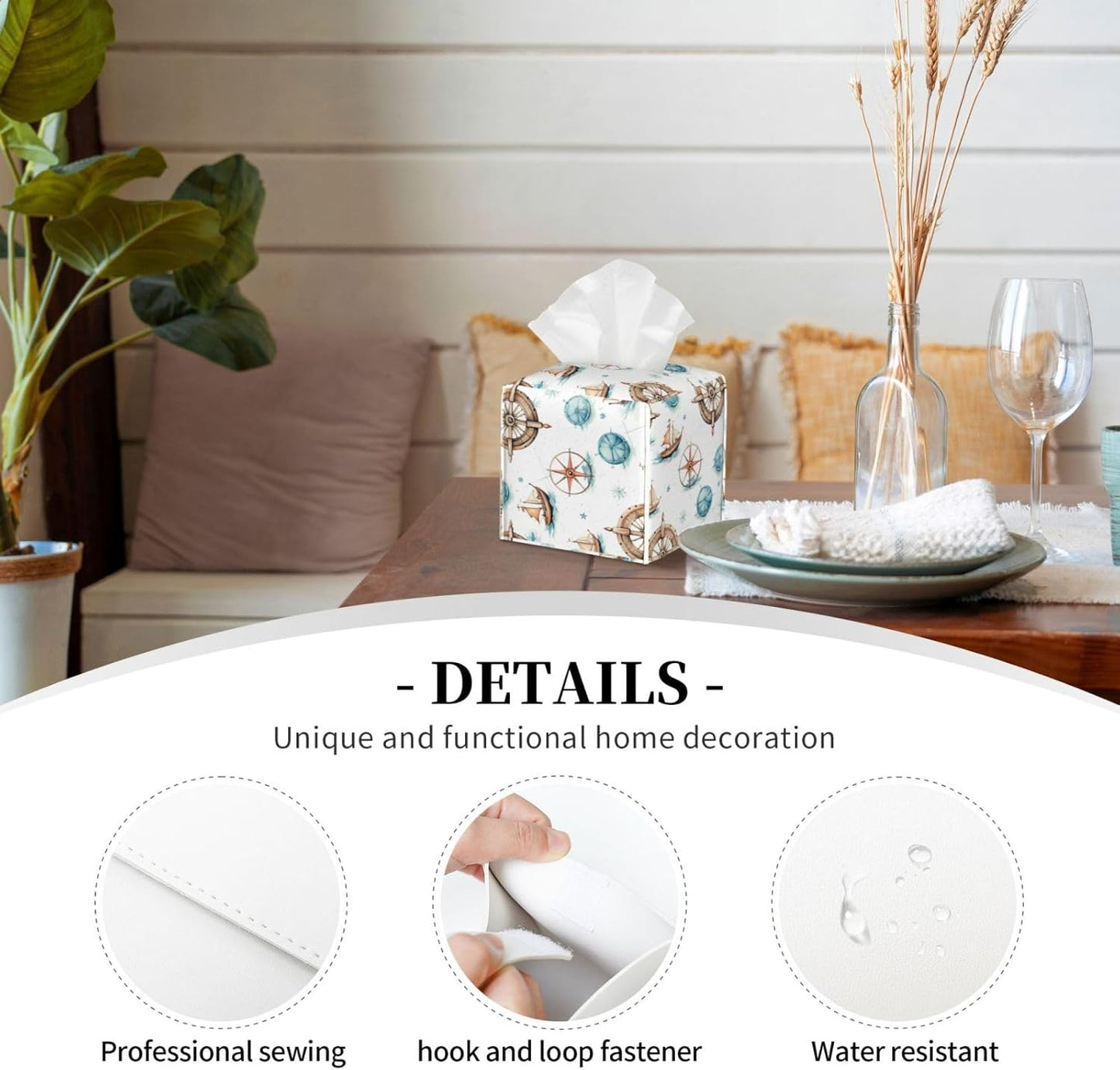 Tissue Box Cover Nautical Ocean Anchor Compass Ship Square PU Leather Tissue Box Holder for Car Bathroom Bedroom Desk Tabletop Decor