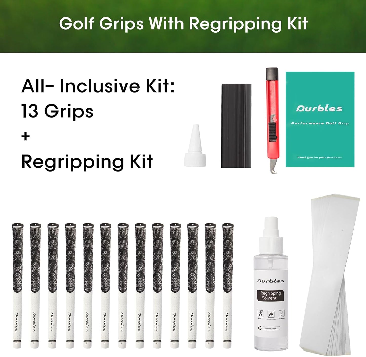 Golf Grips with Regripping Kit – All Weather Multi-Compound Golf Club Grips for Men & Women – Corded Rubber Grip Set – Standard & Midsize Wood and Iron Grip Kit – All Level Golfing Accessories