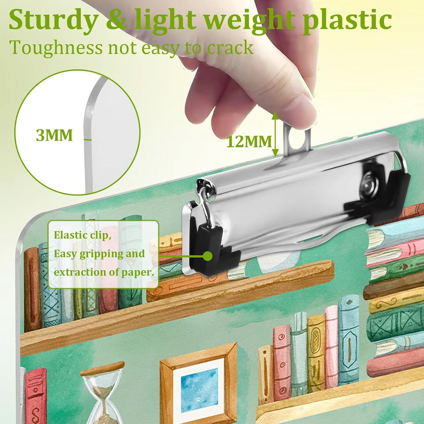 Cat Bookshelves Clipboard,Decorative Acrylic Clipboard with Low Profile Metal Clip for Office,School,Teachers,Students Standard Letter Size 9x12.5