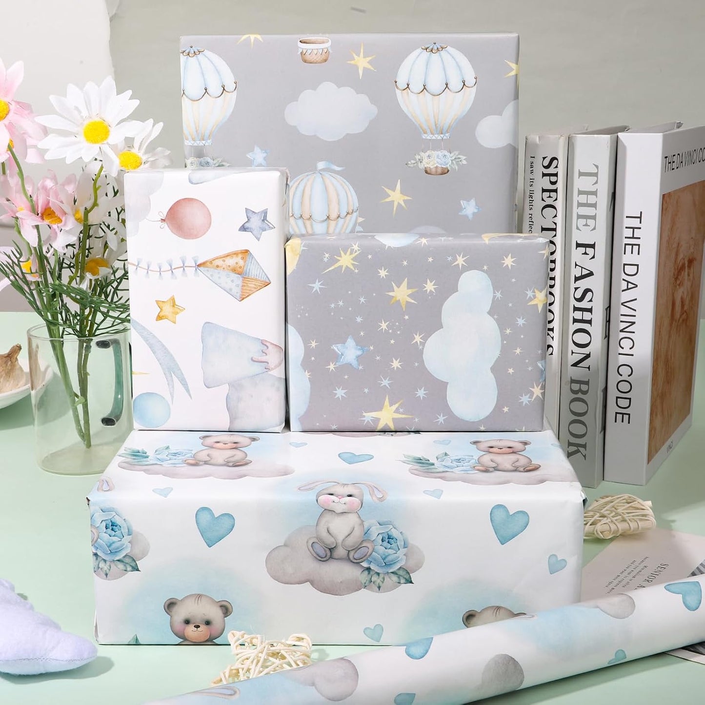 Vnaaem Baby Boy Wrapping Paper 12 Pc Baby Shower Wrapping Paper with Grey Balloon Bear Moon Patterns for Kids Birthday Party New Baby,19.6 X27.8Inch