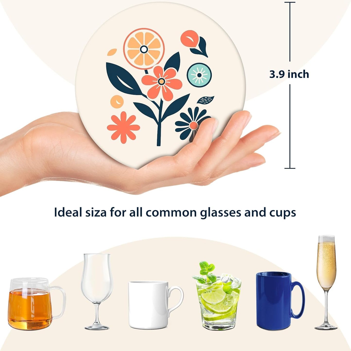 Boho Set of 6 Coasters for Drinks Absorbing Round Ceramic Stone Coaster with Cork Base,Tabletop Protection Mat for Mugs and Cups,Office,Kitchen (Boho Flower)