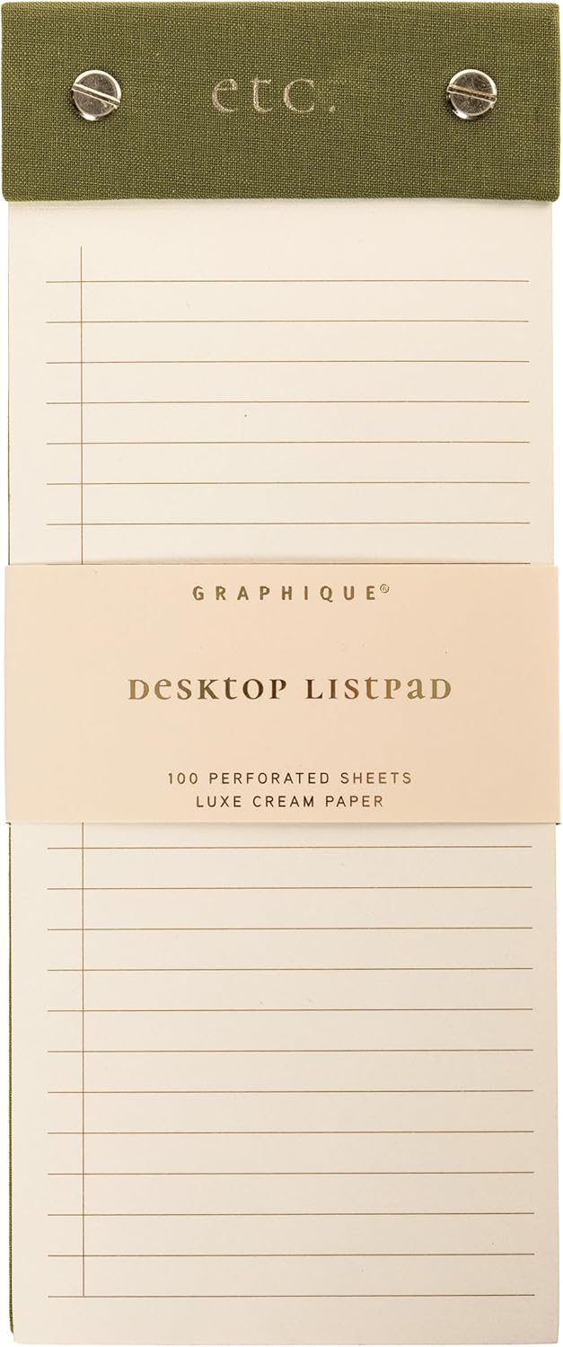 Graphique Post-Bound List Pad Luxe Collection, Perforated Sheets To-Do Notepad, Hardcover Binding, Gold Foil Embossing, 100 Pages, 4” x 9.75”, Olive Green